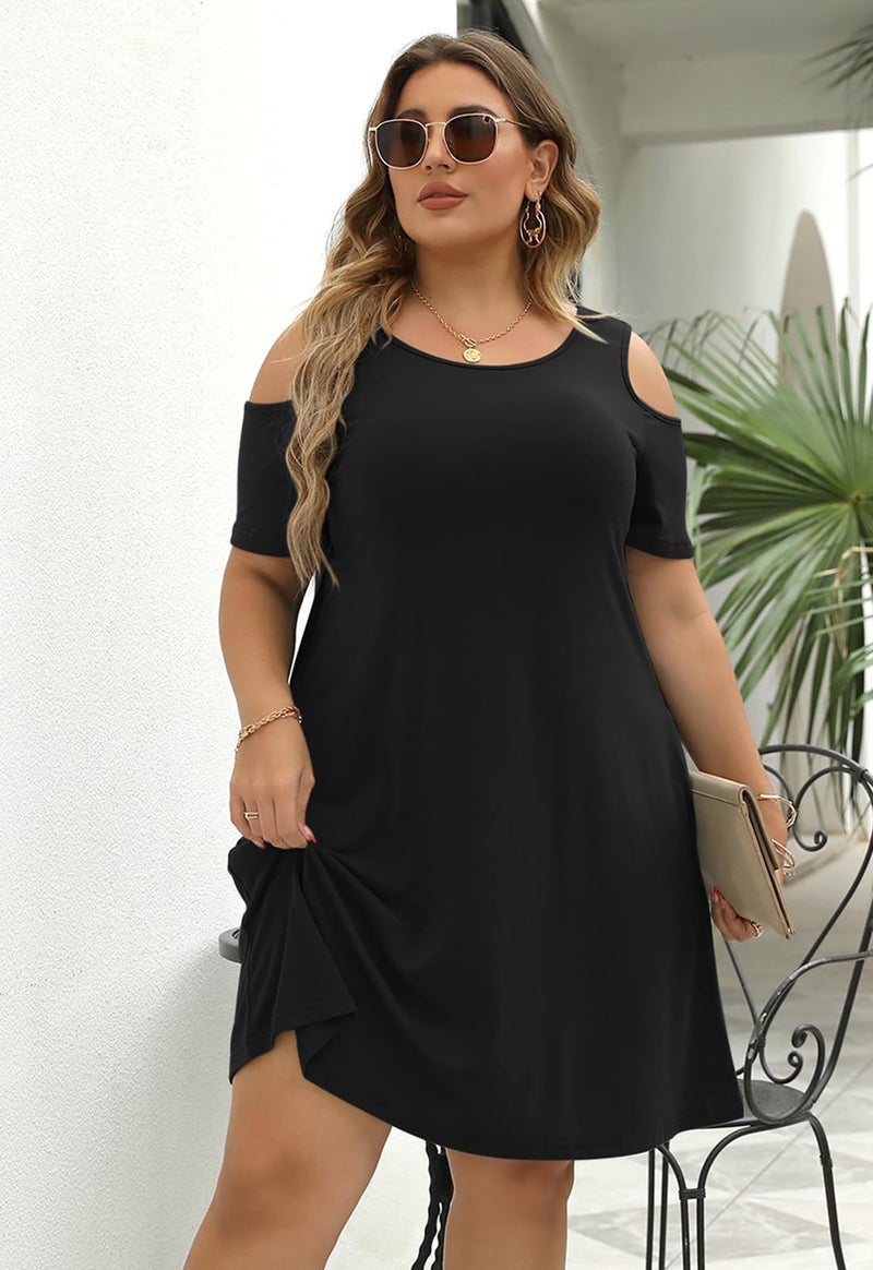 Nemidor Plus Size Dresses for Curvy Women Summer Casual Cold Shoulder T-Shirt Swing Short Sleeve Mini Dress with Pockets(133,20,Black) - Image 4